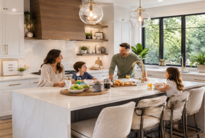 Family enjoying a beautifully remodeled modern kitchen with marble island and white cabinetry