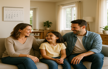 Happy family sitting together on a couch in their bright, modern living room