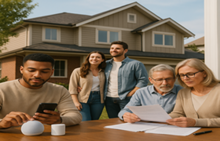 Three generations of homebuyers in front of a suburban house representing housing market trends