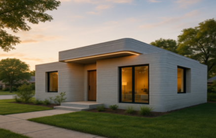 A modern single-story 3D-printed concrete house with layered wall texture, large windows, and warm interior lighting at sunset