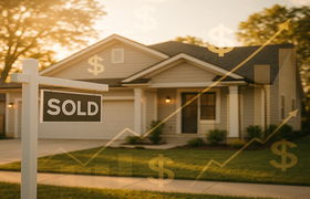 Suburban home with a SOLD sign and golden dollar signs and upward trend graph overlays, representing profit from flipping a house