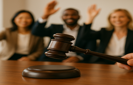 Wooden gavel at a property auction with smiling bidders raising their hands in the background