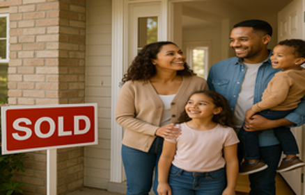 Happy family of four standing in front of their new home with a SOLD sign