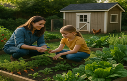 Mother and daughter tending to raised vegetable garden beds in a backyard with a chicken coop and chicken nearby