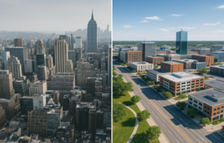 Split comparison of a dense big city skyline on the left and a modern, green secondary market on the right