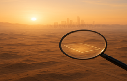 A magnifying glass highlighting a rectangular plot of desert land with a distant city skyline at sunset, representing land trading and real estate investment