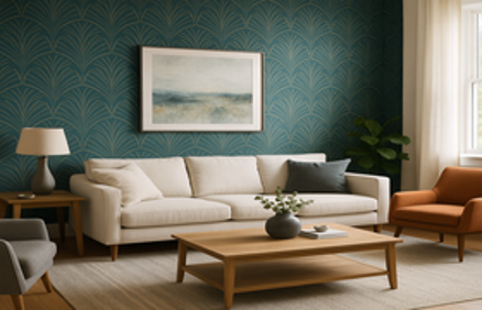Modern living room with a bold teal accent wall featuring a gold fan-pattern wallpaper, cream sofa, and rust-orange armchair