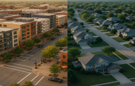 Split comparison of a dense urban cityscape on the left and a spacious suburban neighborhood on the right, illustrating boomers moving back to big cities