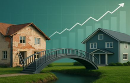 Illustration of a bridge connecting a fixer-upper house to a renovated home with a rising profit chart in the background