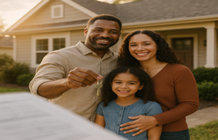 Happy family holding house keys in front of a suburban home at golden hour, representing successfully buying a bargain home as a short sale