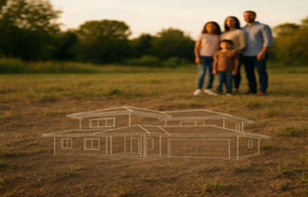 Family standing in an open field with a white wireframe house blueprint on the ground, representing buying land and financing new home construction