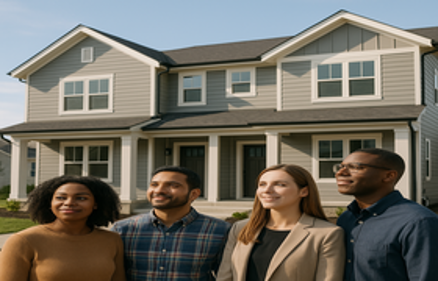 Diverse group of smiling investors standing in front of a modern two-story multi-unit residential property