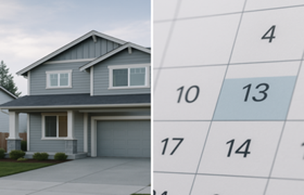 A suburban home beside a calendar with a highlighted date, representing the timing and decisions involved in buying a short sale