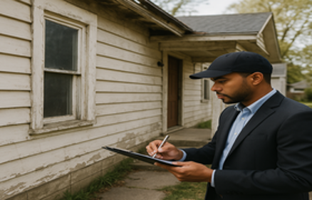 Man in professional attire inspecting a weathered house exterior and taking notes on a clipboard