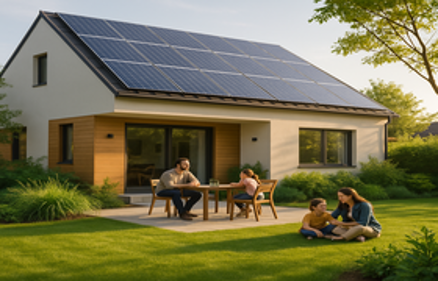 Modern eco-friendly home with solar panels and a family enjoying the backyard