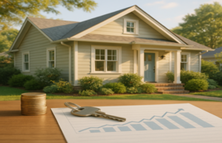 Stack of coins, house key, and rising investment chart on a table with a suburban home blurred in the background, representing buying a second home and how to pay for it