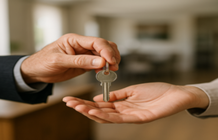 Hand passing a house key to another person during a home purchase closing
