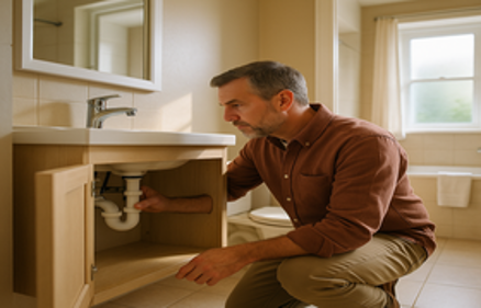 A man kneeling in a bathroom and inspecting the plumbing under a sink, illustrating common homeowner maintenance challenges
