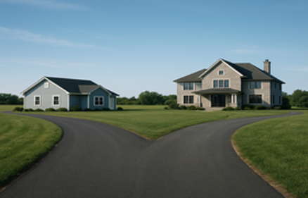 Fork in the road leading to a modest home on one path and a larger home on the other, symbolizing conforming vs non-conforming loan choices
