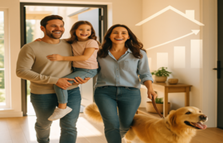 Happy family with dog entering their new home, with a house and rising chart overlay symbolizing conventional loan success
