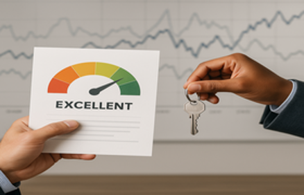 Hands holding an excellent credit score card and house key with financial chart in background