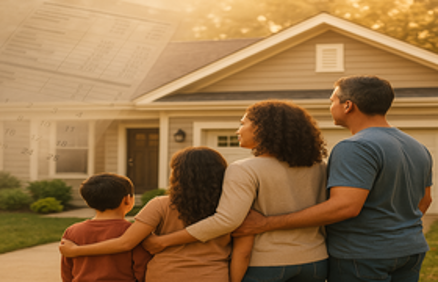 Family looking at their home with financial document and calendar overlays, representing mortgage forbearance next steps