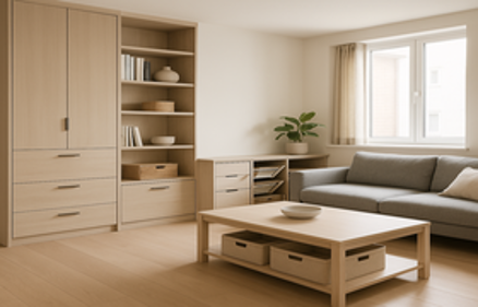 A bright, minimalist living room with light wood storage furniture, shelving, and organized bins, illustrating creative storage when downsizing