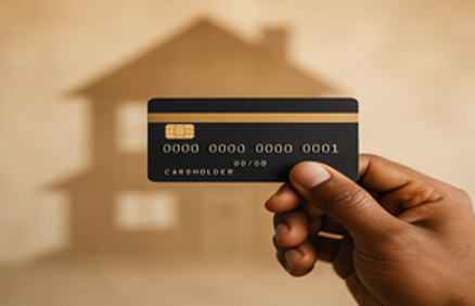 A hand holding a black credit card in front of a house-shaped shadow, symbolizing the importance of credit in buying a home