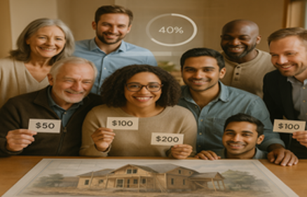Diverse group of people holding donation cards around a house renovation drawing with a 40 percent funding progress overlay, representing crowdfunding a renovation project