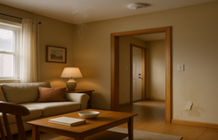 Living room showing common home hazards including smoke from a lamp and water damage with peeling paint on the wall