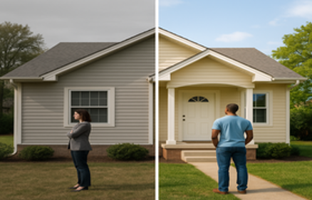 Split image of a divided house representing divorce and homeownership decisions