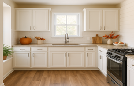 Bright modern kitchen with white cabinetry and autumn decor including pumpkins and fall foliage, ready for Thanksgiving guests