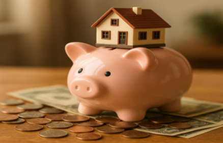 Pink piggy bank with a miniature house on top, surrounded by coins and dollar bills on a wooden table