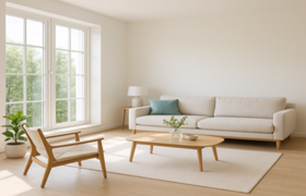 Bright minimalist living room with neutral furniture and natural light, illustrating a downsized home