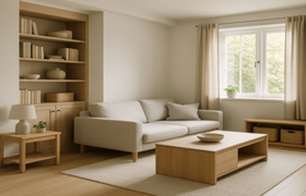 Bright minimalist living room with smart storage and organized built-in shelving in a smaller home