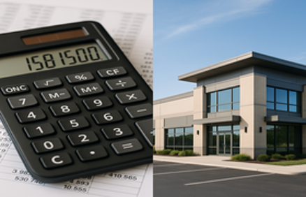 Split image of a calculator on financial spreadsheets and a modern commercial building, representing debt service coverage ratio loans