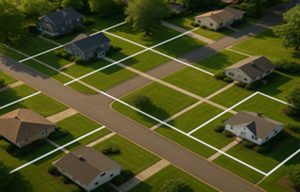Aerial view of suburban homes with white property boundary lines illustrating easements and right-of-ways