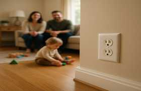 Close-up of a wall electrical outlet in focus with a family and toddler playing in the blurred background, highlighting home electrical safety