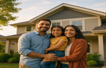 Happy family of three smiling in front of their suburban home at golden hour, representing fulfillment and financial security through homeownership