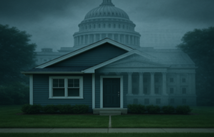 Small suburban house with the US Capitol building looming behind it, illustrating the concept of eminent domain