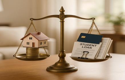 Balance scale weighing a model house against student loan documents and a credit card, representing how existing debt affects getting a new mortgage