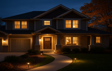 Two-story suburban home at night with warm path lights, porch lighting, and autumn foliage, demonstrating fall outdoor lighting tips