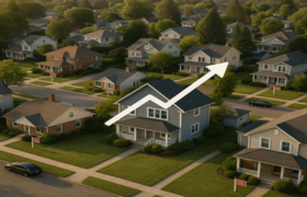 Aerial view of a suburban neighborhood with an upward trending white arrow overlay symbolizing home price growth