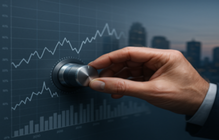Hand adjusting a dial over financial charts and a city skyline, representing Fed policymakers cutting the key interest rate range