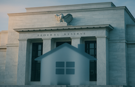 Federal Reserve building with a house icon overlay, representing Fed interest rate policy and its impact on the housing market