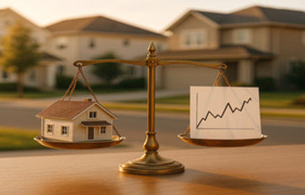 Brass balance scale weighing a model house against an upward-trending interest rate graph, representing how Fed rate hikes may affect home buyers