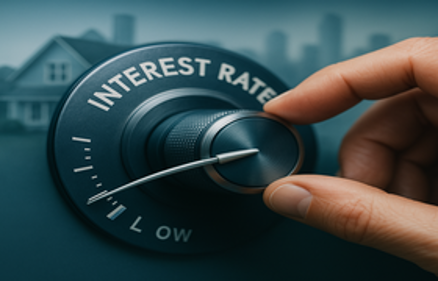 Hand turning an interest rate dial toward low, with a blurred house and city skyline in the background