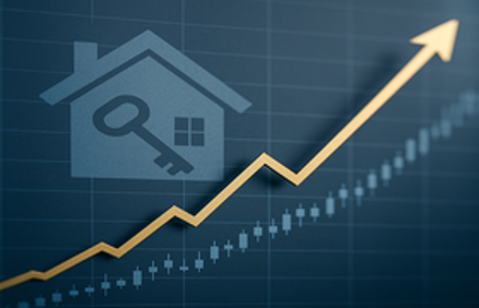 Gold upward trending line graph with a house and key icon overlay, representing the Fed raising key interest rates and real estate market conditions