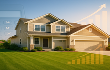 Suburban home with calculator and rising bar chart overlays, representing FHA cash-out refinance and home equity growth