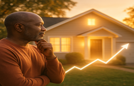Homeowner contemplating their home with an upward trending arrow overlay, representing FHA cash-out refinance and home equity growth